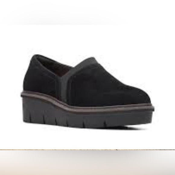 CLARKS AIRABELL MID SLIP ON SUEDE LEATHER WEDGE SHOES BLACK Size 9.5 - Picture 2 of 12